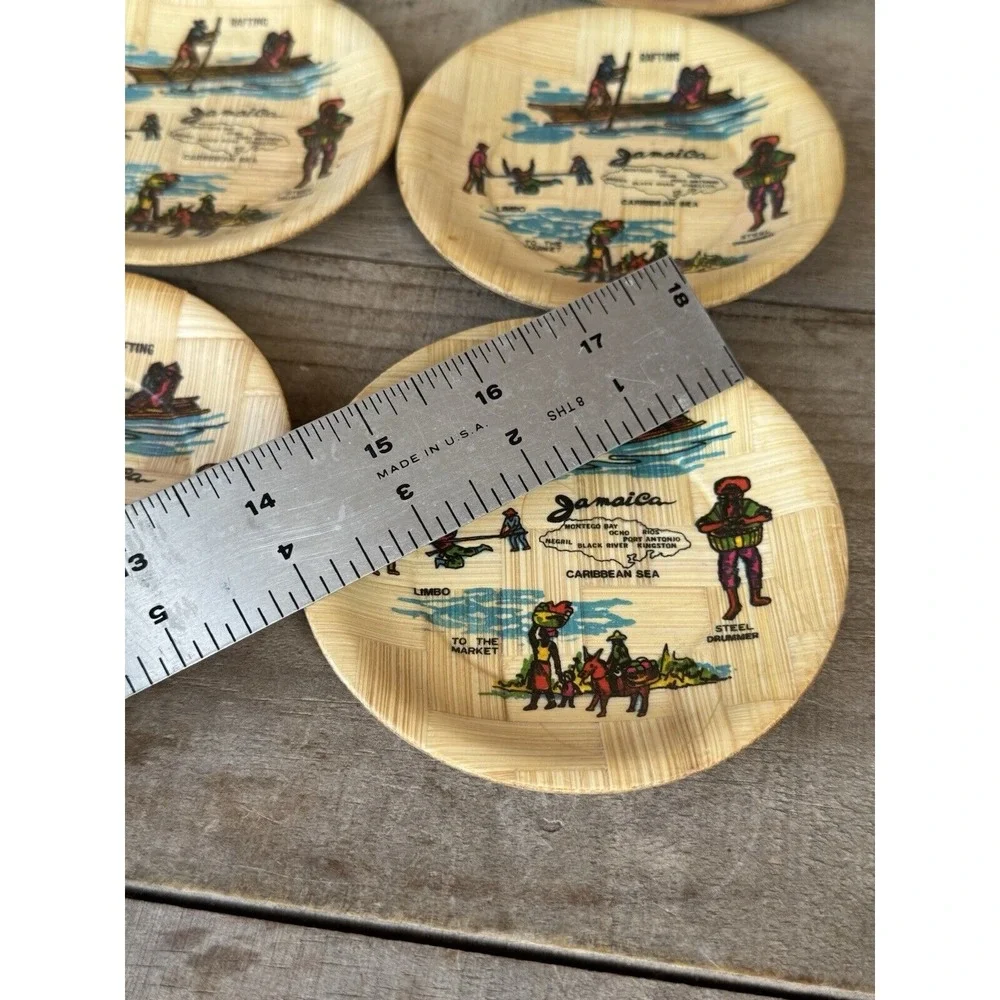 Set Of 6 Bamboo WOODEN‎ DRINK COASTERS - JAMAICA Vintage Jamaican Decor